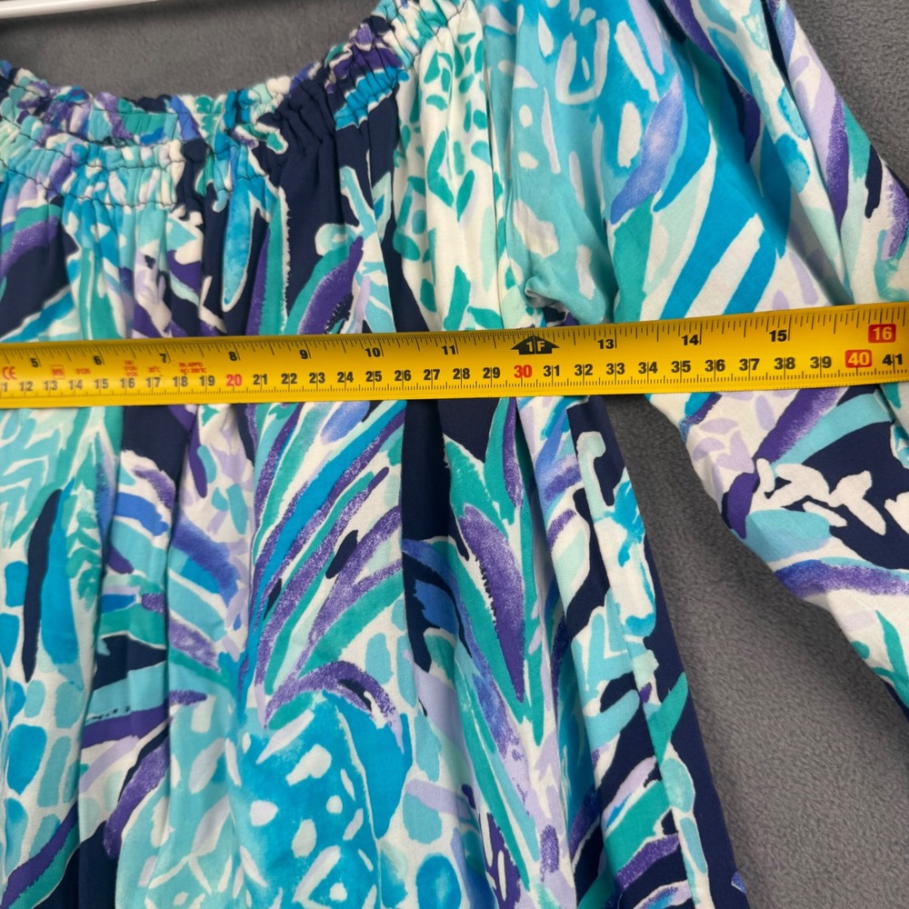 Lilly Pulitzer Blue Purple Pineapple Off Shoulder Bell Sleeve Rayon Dress M - Picture 7 of 10